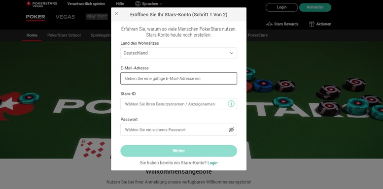 PokerStarsVegas-Anmeldung