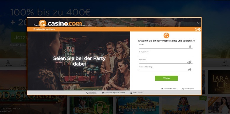 Anmeldungsformular im Casino.com