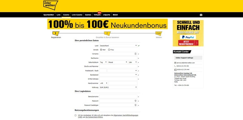 Anmeldungsformular im Interwetten Casino