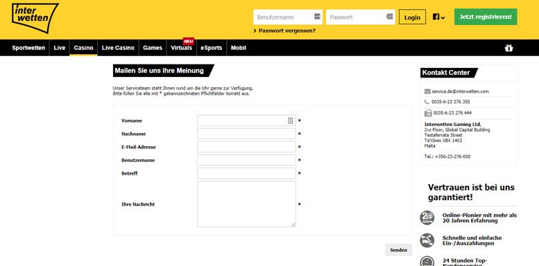 Kundensupport im Interwetten Casino