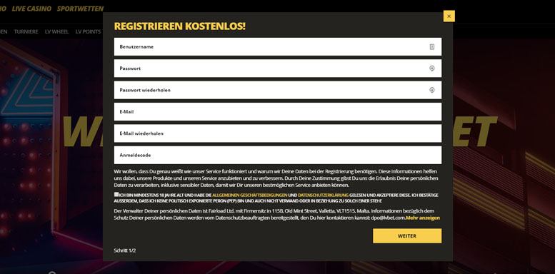 Anmeldungsformular im LVbet Casino