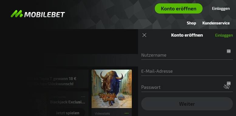 Anmeldungsformular im Mobilebet Casino