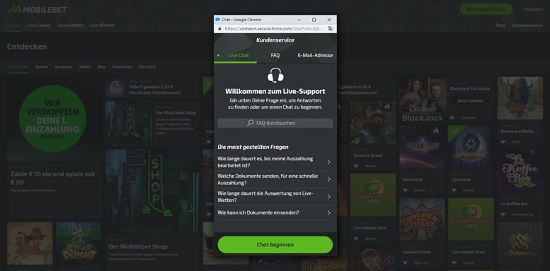 Kundensupport im Mobilebet Casino