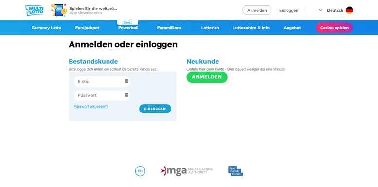 Anmeldungsformular von Multilotto Casino