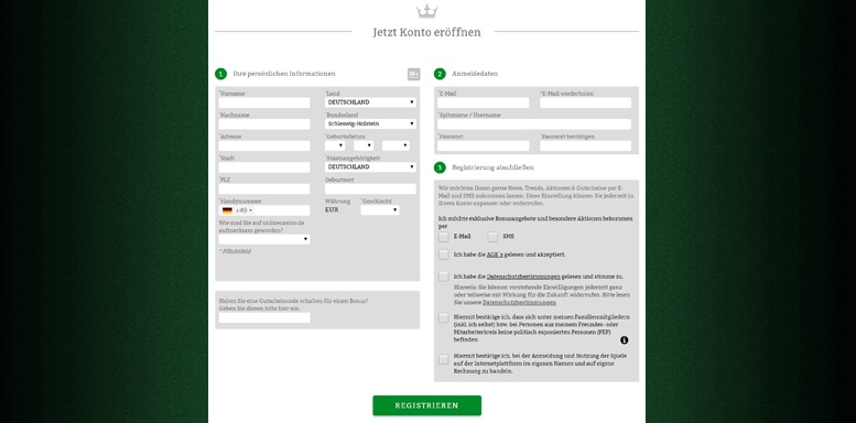 Anmeldungsformular im Online Casino Deutschland