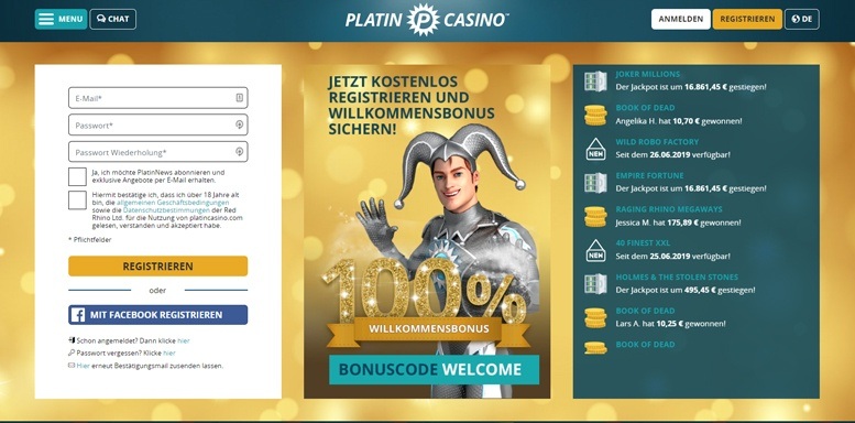 Anmeldungsformular im Platin Casino