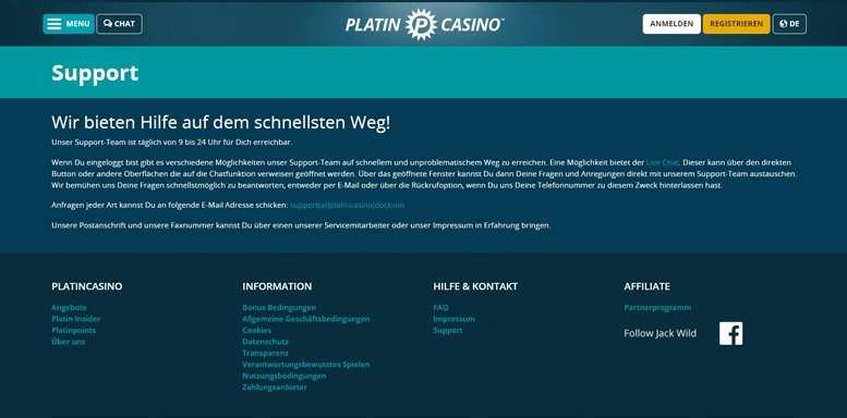 Kundensupport im Platin Casino