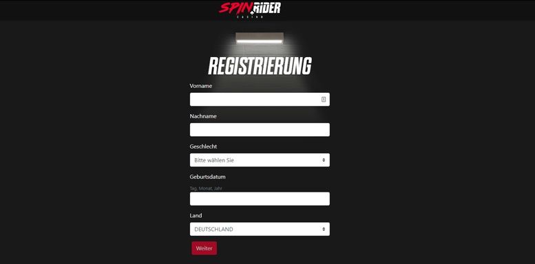 Anmeldungsformular bei Spin Rider