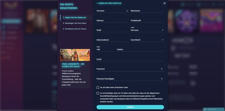 Anmeldungsformular im VegasCasino