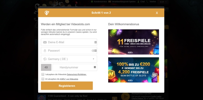 Anmeldungsformular von Videoslots