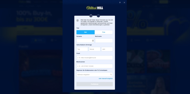 Anmeldungsformular im WilliamHill Casino