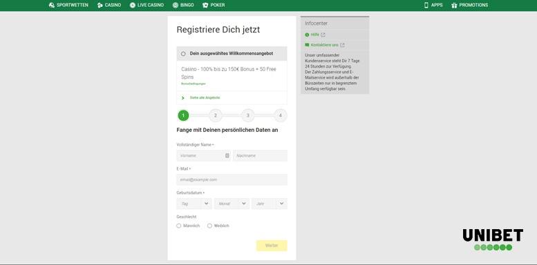 Anmeldungsformular im Unibet Casino