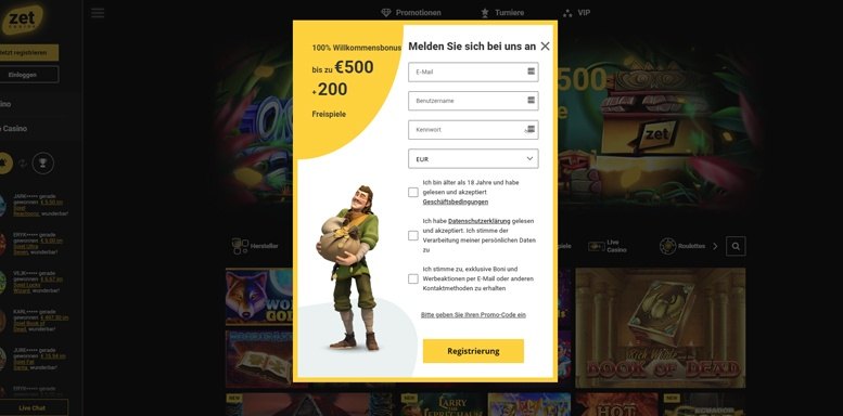 Anmeldungsformular im ZetCasino