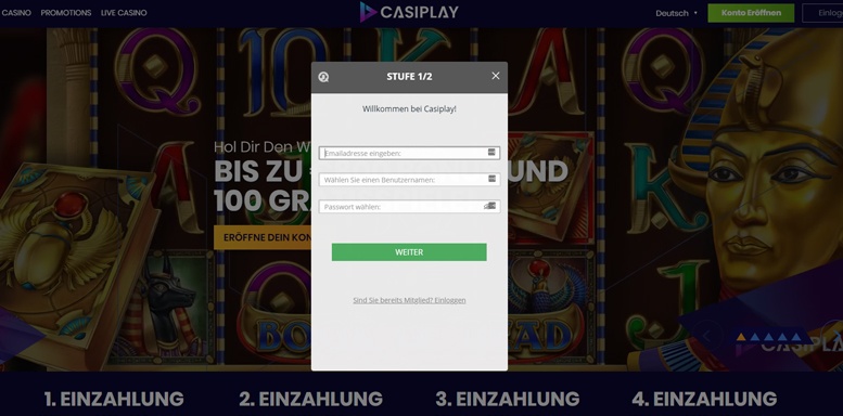 Anmeldungsformular bei Casiplay