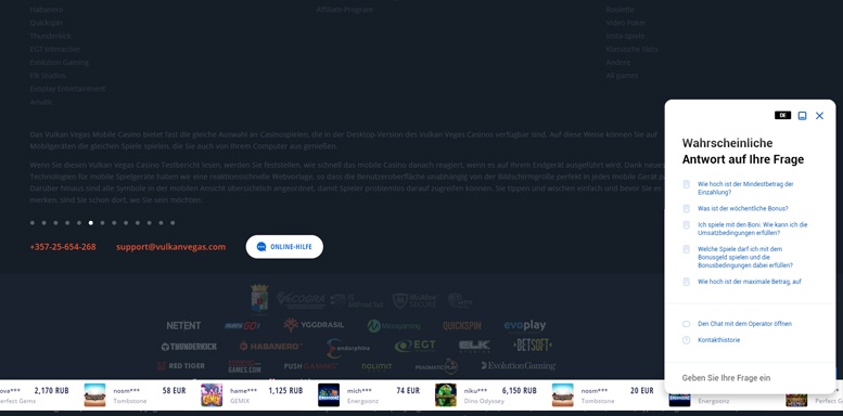 VulkanVegas-Kundensupport