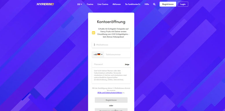 Anmeldungsformular bei Hyperino
