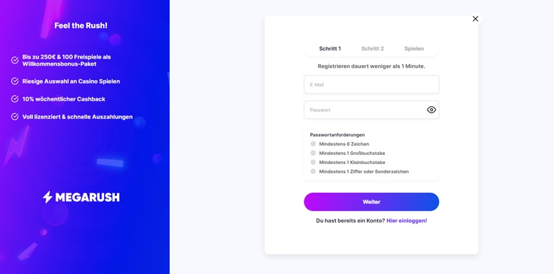 Anmeldungsformular bei MegaRush